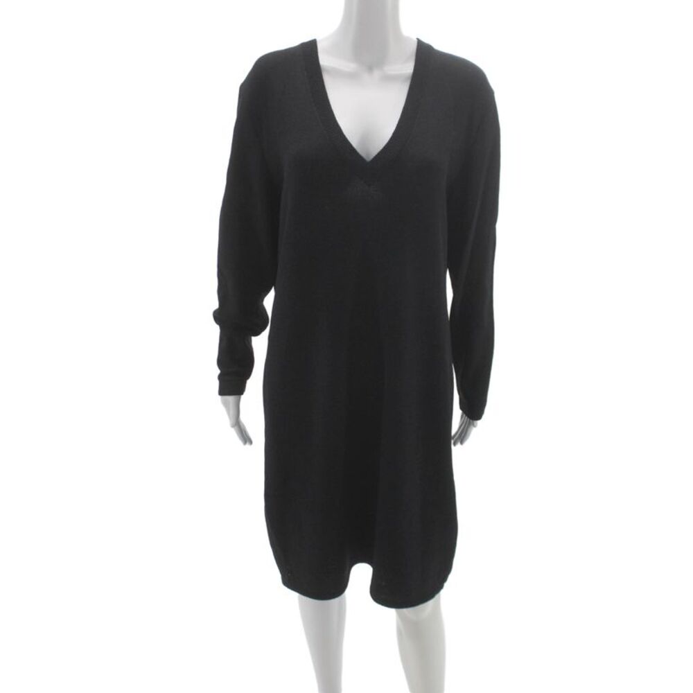 St. John Basics Womens Sweater Dress Black V-Neck Long Sleeve Zip Size 12